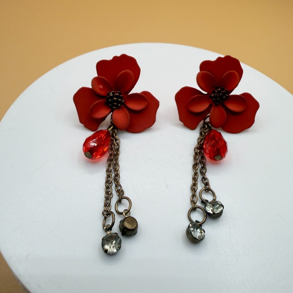 Red Flower Dangle Earrings Bronze Tone Rhinestone Chain Statement Romantic Gift